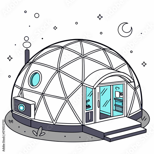 Geodesic dome dwelling with moon and stars dome house