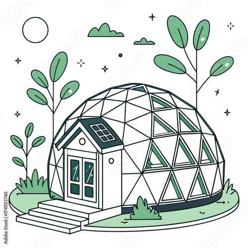 Geodesic dome greenhouse with plants and sun eco-friendly