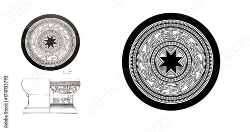 Ancient Vietnamese Dong Son Drum Illustration with Star and Bird Motifs