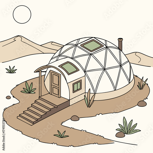 Geodesic dome home with green windows in a desert setting