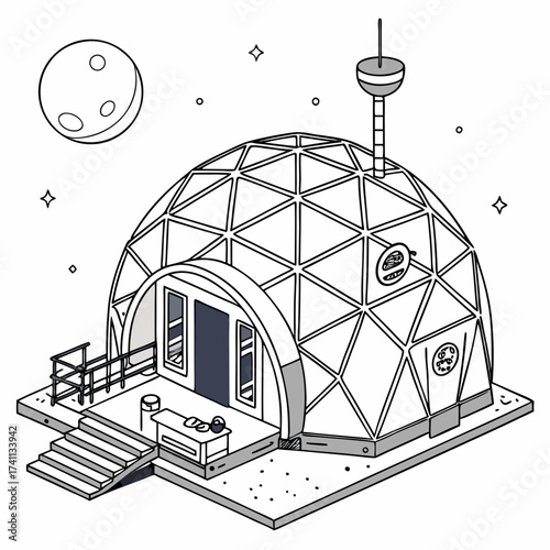 Geodesic dome space habitat with moon and stars dome house