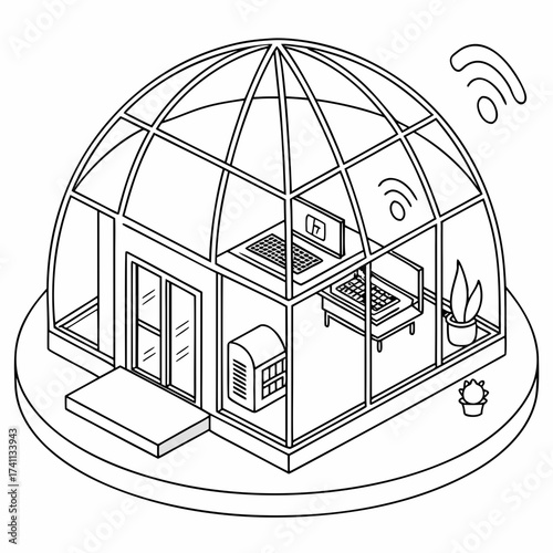 Geodesic Dome Office with Laptops Line Drawing workspace