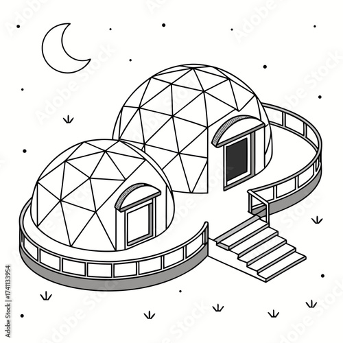 Geometric dome structures with balcony and crescent moon