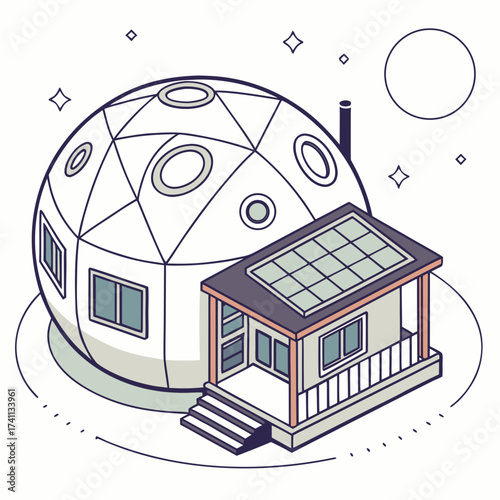 Geodesic dome with attached solar-powered house solar panels