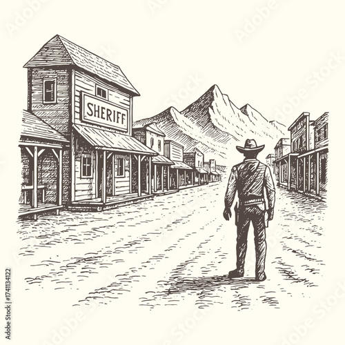 Vintage western town with sheriff walking down dusty street, detailed engraving style illustration.