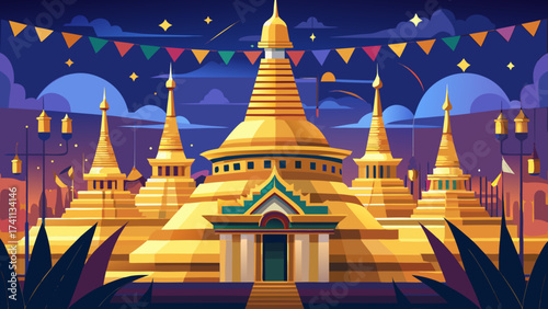 Shwedagon Pagoda in Yangon, Myanmar glimmers with golden stupas under twilight sky, prayer flags fluttering, reflecting cultural reverence in minimalist yet radiant vector design with clean outlines.