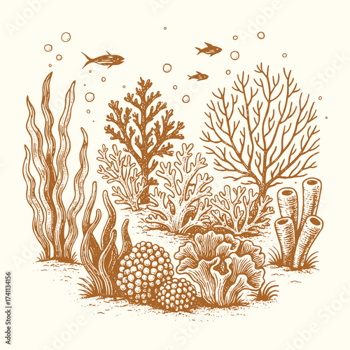 Underwater coral reef with fish and seaweed in hand-drawn vintage engraving style illustration.
