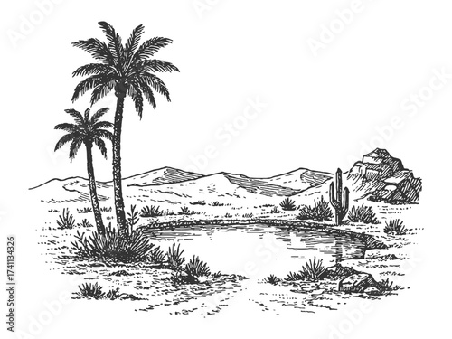Oasis scene with palm trees and calm water in black and white engraving style illustration.