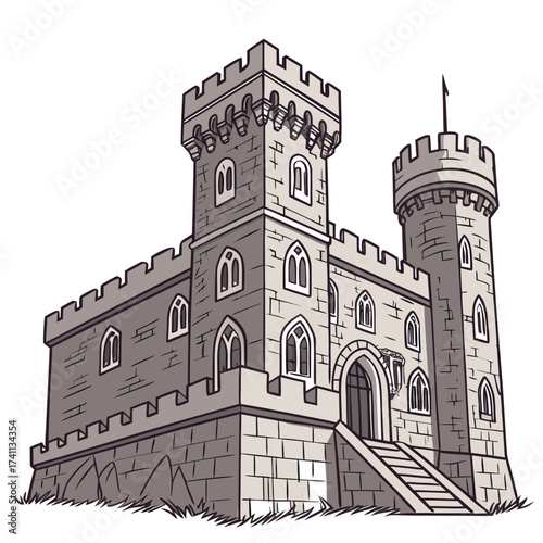 Grey stone castle with flag and arched windows medieval