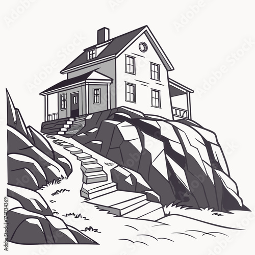 House on a rocky cliff with winding stone steps Keywords: house, cliff, rocks, coastal, dwelling