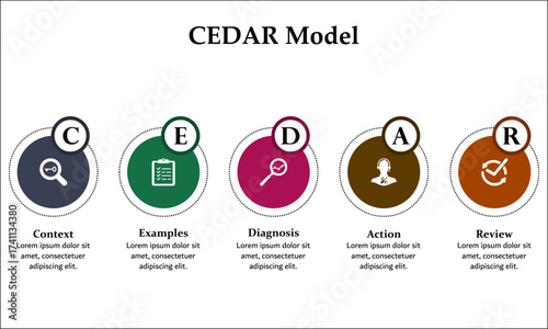 CEDAR Model - Context, Examples, Diagnosis, Action, Review. Infographic template with icons and description placeholder