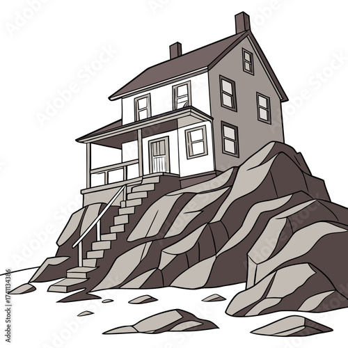 House on Rocky Outcrop by the Sea in Sepia Tones cliff