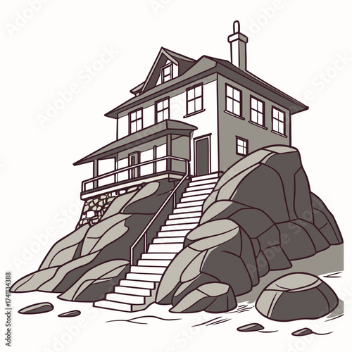 House on Rocky Shore with Stairs and Ocean View cliff
