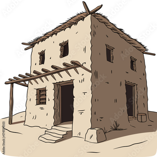 Illustration of a Mud Brick House with Thatched Roof and Awning