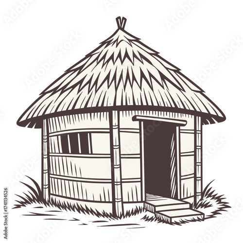 Illustration of a Traditional Thatched Hut with Bamboo Walls