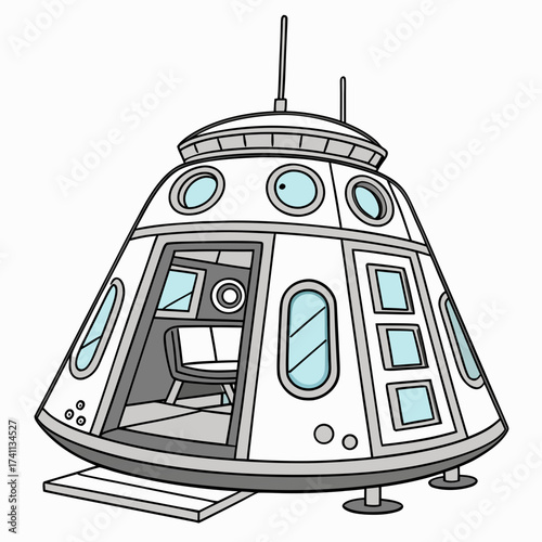 Interior view of a futuristic space pod with furniture