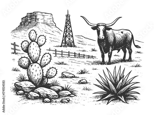 Western desert scene with longhorn cattle, cactus, and dry plains in detailed sketch style.