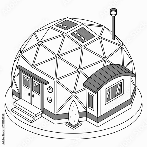 Isometric geodesic dome house with chimney and entrance