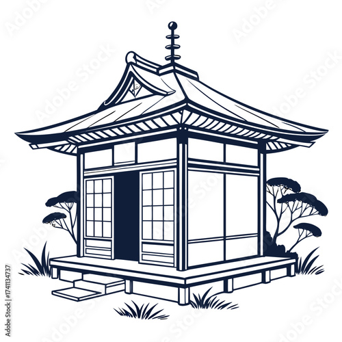 Japanese Style Pavilion with Open Doors and Stylized Trees