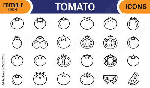 Fresh red tomato vector icons pack, sliced fruit symbols for cooking and healthy diet