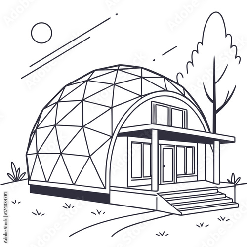 Line Art Drawing of a Geodesic Dome House with Tree