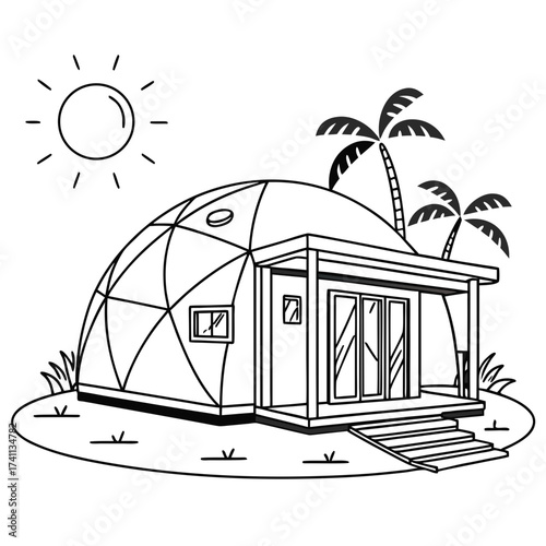 Line Art Illustration of a Geodesic Dome Home with Palm Trees