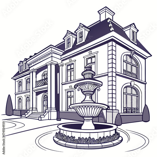 Majestic Mansion with Elaborate Fountain and Grand Entrance