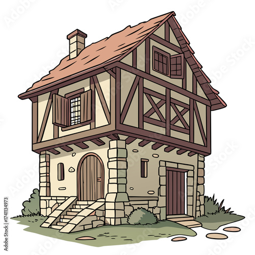 Medieval half-timbered house with stone base and red roof