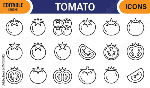 Hand-drawn tomato line icons, editable stroke collection for kitchen and food themes