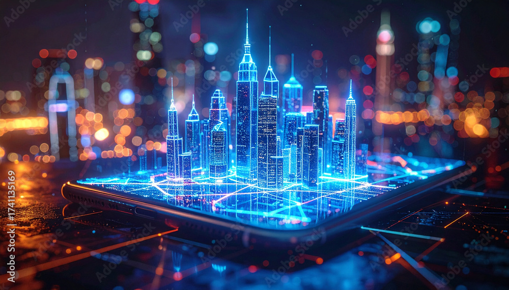 Obraz premium Smart City in Your Hand: Futuristic cityscape, built of glowing circuits and vibrant, showcasing innovation and connectivity. A digital rendering of the future.