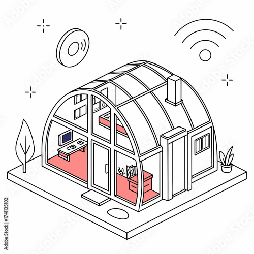 Modern Arched Greenhouse Home with Office and Wi- Fi Symbol Keywords: greenhouse, home, house
