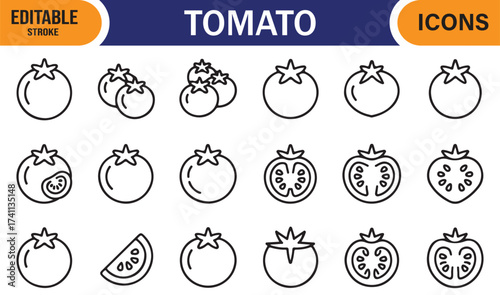 Organic vegetable icon set with tomato illustrations, healthy diet vector symbols