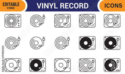 Minimal vinyl record icons set, flat turntable symbols for retro music and DJ audio design