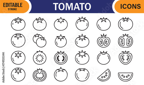 Fresh tomato icons set, editable stroke vector of sliced and whole vegetables for food design
