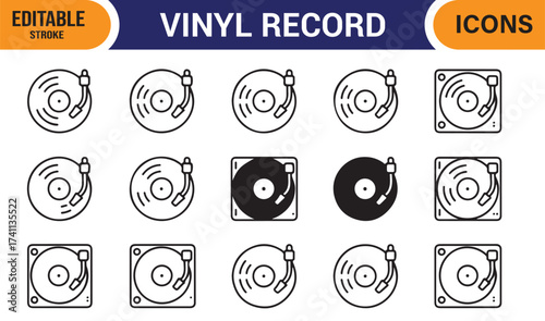 Flat minimalist vector collection of record players and spinning vinyl icons
