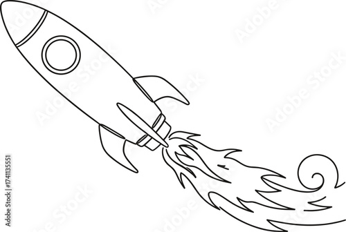Rocket ship icon, black and white line art, space travel symbol, upward motion, propulsion flames, science illustration, minimalist design