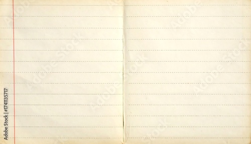 Old notebook with lined paper open for writing, vintage education background