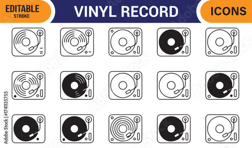 DJ record player and vinyl icon set, retro music equipment in vector format