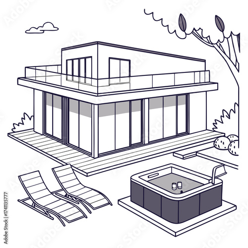 Modern House With Hot Tub and Lounge Chairs architecture