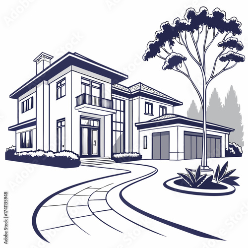 Modern luxury home with garage and large tree house