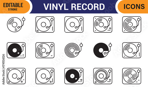 Music turntable vinyl record icon collection for DJs, clubs, and retro style projects
