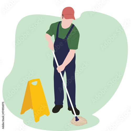 man mopping. Man With Mop Washing The Floor, Cleaning Service Professional Cleaner
