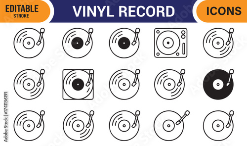 Vintage record player outline icons pack, editable stroke vector for audio themes