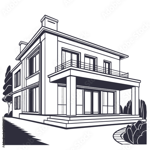 Modern two story house with balcony and chimney line art Keywords: house, modern, architecture