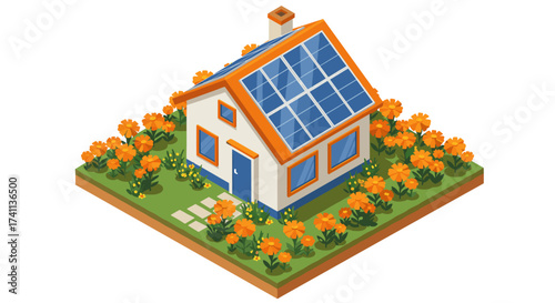 Eco-friendly isometric house with solar panels and flower garden