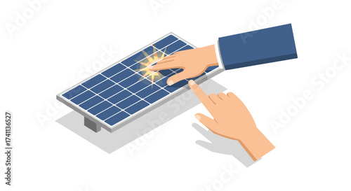 Isometric hands interacting with solar panel for renewable energy concept