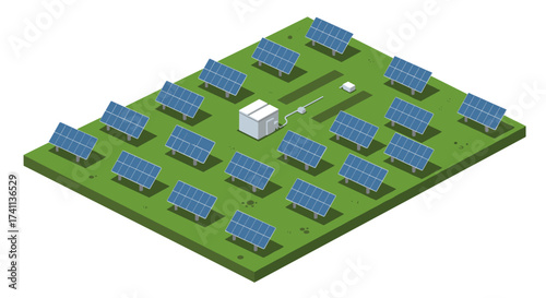Isometric solar farm with panels and energy storage on green field