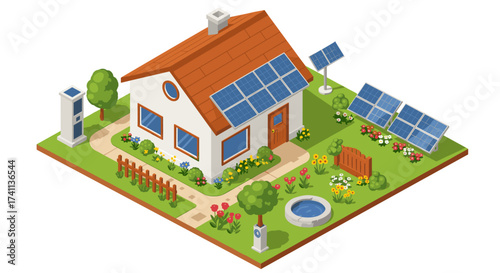 Sustainable home with solar panels and garden in isometric design