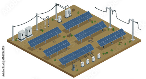 Isometric solar power plant layout with panels and electrical equipment on sandy terrain