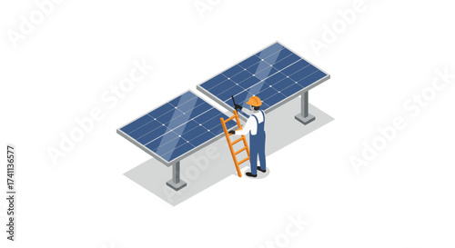 Isometric solar panel maintenance with worker in uniform and safety hat
